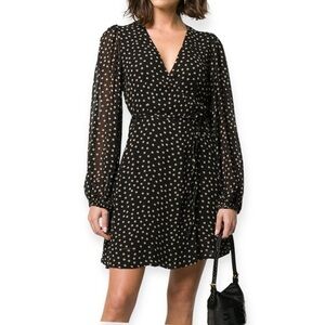 NWT Ganni Dotted Georgette wrap Dress in Black with beige dots, Size 34EU (US 0)